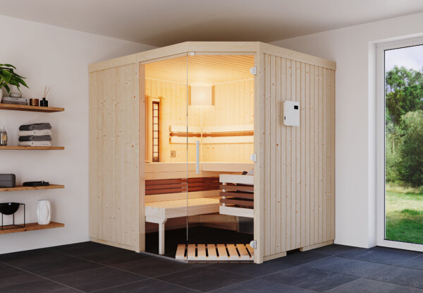 Sauna Safir Complete Fichte 214x214x203cm mit Eckeinstieg und Glaselement