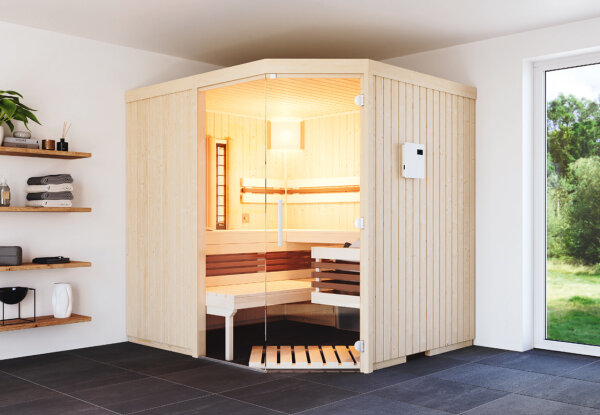 Sauna Safir Complete Espe 214x214x203cm mit Eckeinstieg und Glaselement